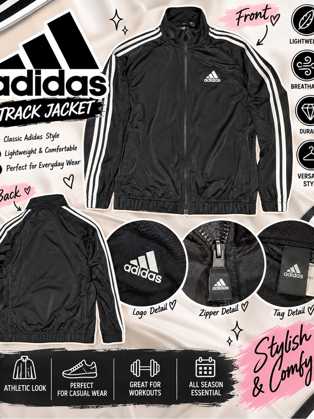 adidas Black Track Jacket with White 3-Stripes
